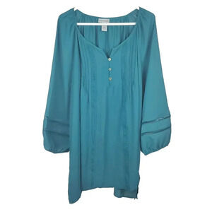 Women's CATHERINES Teal Balloon‎ Sleeve Laser Cut V-Neck Tunic Top SZ 3X 26/28W